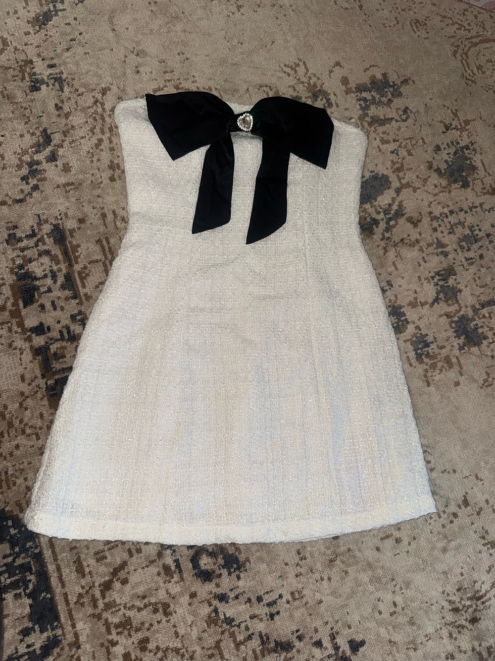 Strapless Cream Bouclé Mini Dress with Black Bow